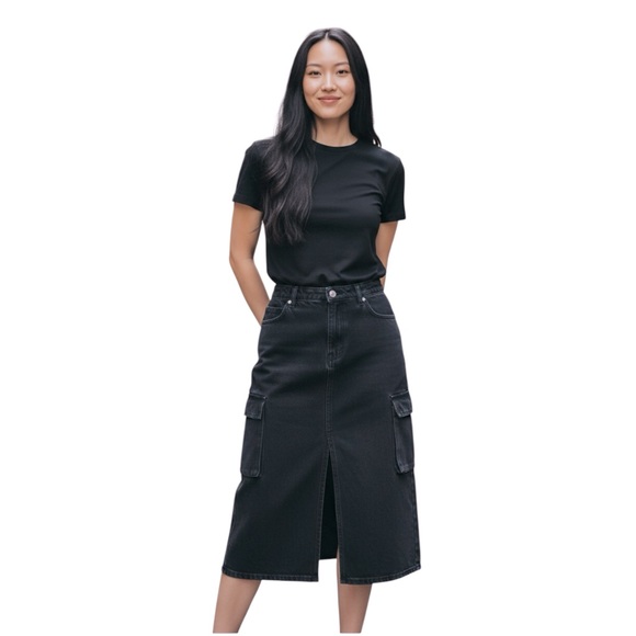 Love Tree Denim Black Cargo Pocket High Waist Split Front Long Maxi Skir… - Picture 1 of 13